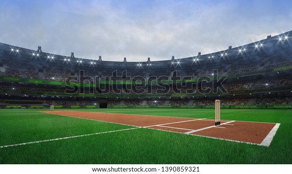 Grand\
cricket stadium with wooden wickets diagonal view in daylight,\
modern public sport building 3D render series\
