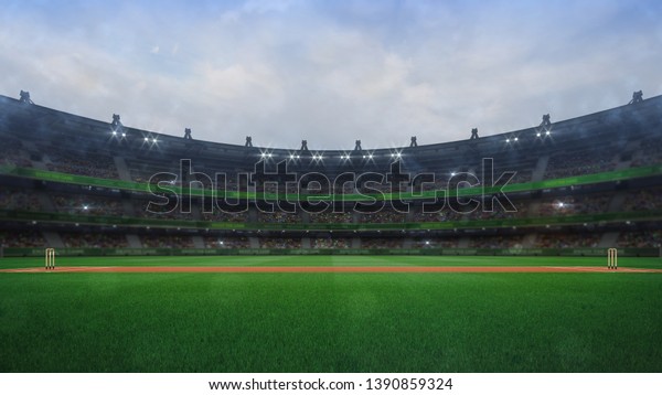 Grand cricket\
stadium with wooden wickets side view in daylight, modern public\
sport building 3D render series\
