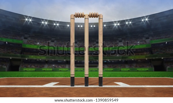 Grand cricket\
stadium with wooden wickets closeup in daylight, modern public\
sport building 3D render series\
