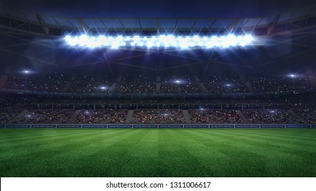 grand football stadium middle view illuminated by spotlights and empty green grass, football stadium sport theme digital 3D background advertisement illustration my own design