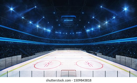 Grand ice hockey rink and illuminated indoor arena with fans, tribune view, professional hockey sport 3D render illustration background - Powered by Shutterstock