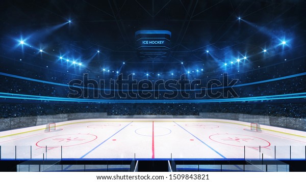 Grand ice hockey rink and illuminated indoor\
arena with fans, tribune side view, professional hockey sport 3D\
render illustration\
background