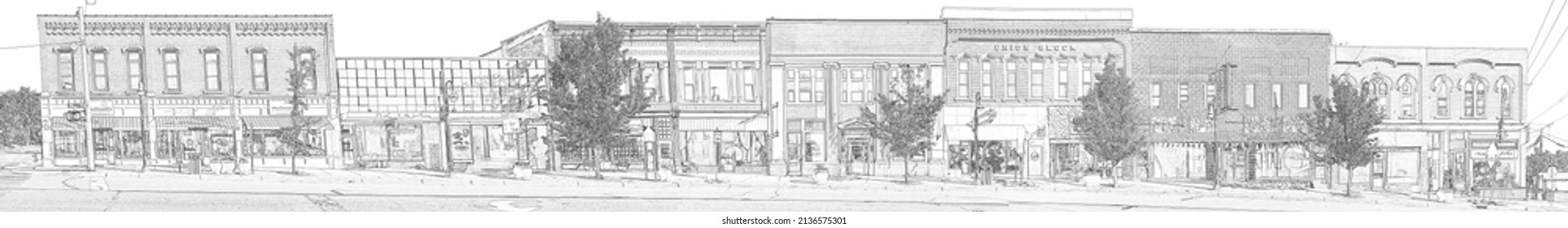 Grand Ledge, MI JUNE 28, 2015: Pencil Drawing Of The Historic Grand Ledge Downtown District In The City Of Grand Ledge, MI On June 28, 2020. High Quality Photo