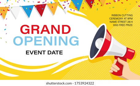 Grand opening banner template. Advertising design for social network illustration. Template for retail promotion and announcement. Online shopping and marketing flyer with megaphone in hand - Powered by Shutterstock