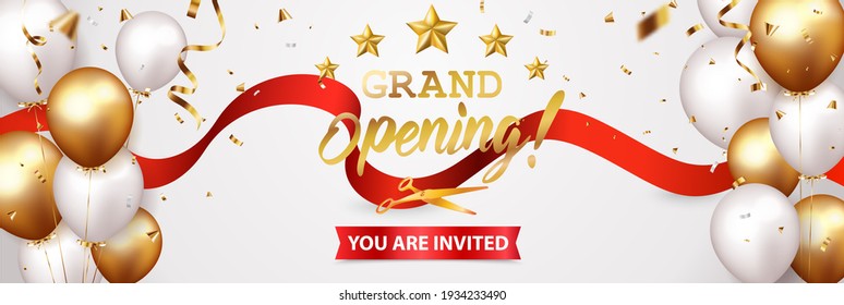Grand opening card design with gold ribbon and confetti