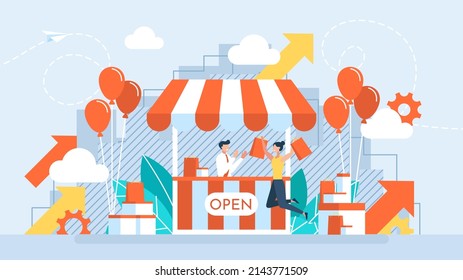 Grand opening concept. A businessman holding scissors in his hand cuts a red ribbon. Advertising new business. The ceremony, celebration, presentation and event. Business illustration flat design. - Powered by Shutterstock