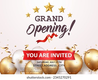 Grand opening invitations card design with gold ribbon, confetti and balloons - Powered by Shutterstock