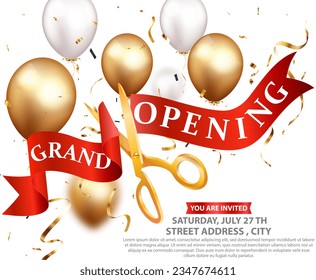 Grand opening invitations card design with gold ribbon, confetti and balloons - Powered by Shutterstock