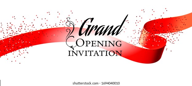 Grand opening white invitation card design with red ribbon and confetti. Festive template can be used for banners, flyers, posters.