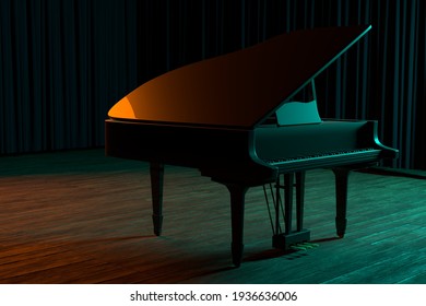 Grand Piano On The Stage Of Concert Hall Or Small Jazz Club. 3D Rendering