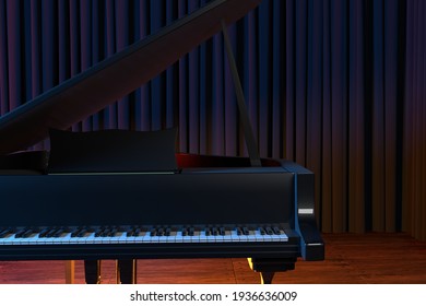 Grand Piano On The Stage Of Concert Hall Or Small Jazz Club. 3D Rendering