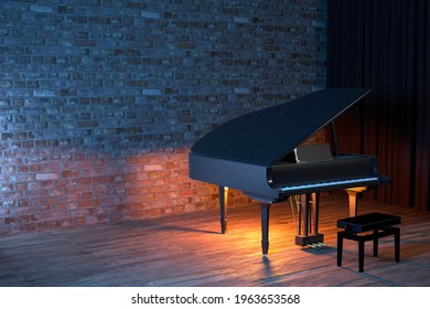 Grand Piano on the stage of concert hall or small jazz club. 3D rendering