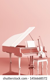 Grand piano with a violin on pink pastel color background. 3d rendering