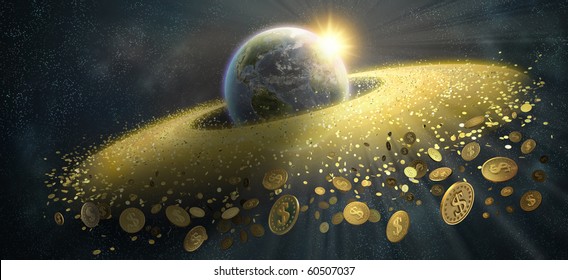 The grand ring around the Earth from gold coins with dollar sign