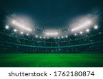 Grand stadium full of spectators expecting an evening match on the green grass field. Sport building 3D professional background illustration.