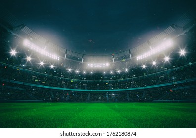 Grand stadium full of spectators expecting an evening match on the green grass field. Sport building 3D professional background illustration. - Powered by Shutterstock