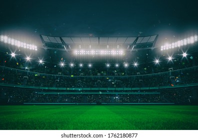 Grand stadium full of spectators expecting an evening match on the grass field. Sport building 3D professional background illustration.