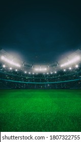 Grand stadium full of spectators expecting an evening match on the grass field. High format for social network banners or posters. Sport building 3D professional background illustration.	