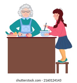 Granddaughter helps grandmother in the kitchen. Little girl is stirring the salad. Elderly woman cuts vegetables. Housework. Illustration in flat style on white background. - Powered by Shutterstock