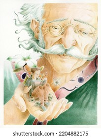 Grandfather Alchemist With Big Mustache Teaches His Nephew The Love Of Reading. Colorful Illustration, Hand Painted Watercolor. Education Concept On School, Learning Boy, Family Bond. Study Time