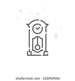 Grandfather Clock Line Icon. Antique Clock With Pendulum Symbol, Pictogram, Sign. Light Abstract Geometric Background. Editable Stroke. Adjust Line Weight. Design With Pixel Perfection.