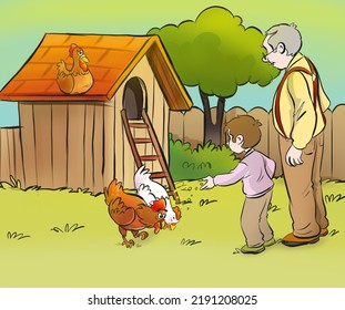 Grandfather Grandson Feeding Chickens Illustration Stock Illustration ...