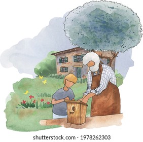 grandfather and grandson make a birdhouse, watercolor cottagecore art, farm life scenery illustration, , grandparents and grandkids, watercolor landscape clipart,  country house scenery