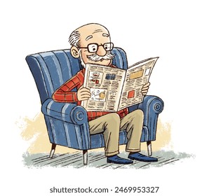 grandfather sits in a chair and reads a newspaper - Powered by Shutterstock