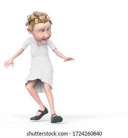 Grandma Nurse Cartoon Looking Down And Scared In White Background, 3d Illustration