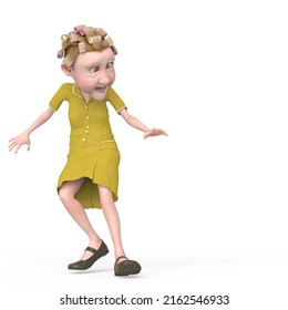 Grandma Nurse Cartoon Looking Down And Scared In White Background, 3d Illustration