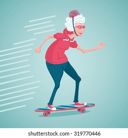 Grandma On A Skate. Old Woman Is Skating.