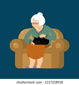 Grandmother And Cat Sitting On Chair. Granny Cat Lady. Grandma And Pet. Old Woman And Animal. Gammer And Beast
