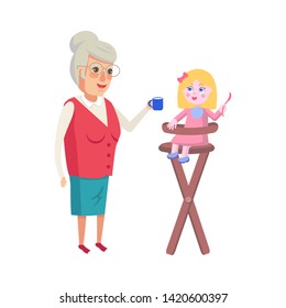 Grandmother feeding granddaughter in high-chair raster of granny and little infant girl with spoon isolated on white background grandma child - Powered by Shutterstock