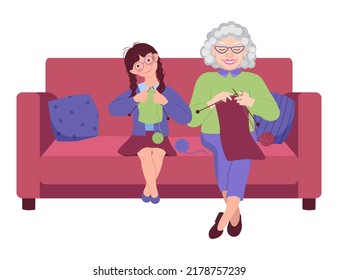 Grandmother And Granddaughter Are Knitting Together, Sitting On The Couch. Elderly Woman Teaches A Little Girl To Knit. Illustration In Flat Style