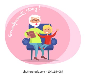 Grandparents day poster with senior man reading book to grandson sitting together in armchair  illustration postcard in circle on white - Powered by Shutterstock