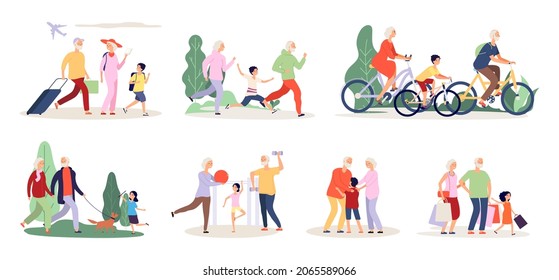 Grandparents and grandchildren. Old people activity with boy girl. Travel ride bicycle doing sport exercices illustration - Powered by Shutterstock