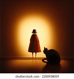 Granny Under The Dramatic Lighting With Black Cat
