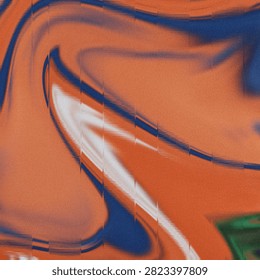 Granular pumpkin-orange plane, featuring a sinuous indigo current gracefully embracing a stark white, horizontally striated surge, evoking dynamic