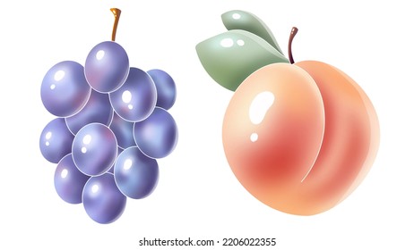 Grape And Peach.  Gorgeous Shiny Fruit Icon Set. Isolated And Arrangeable For Print, Web, Apps, Media.  