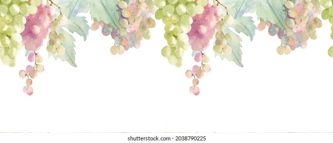 Grape. Seamless Watercolor Border. Suitable For Wallpapers, Backgrounds, Banners