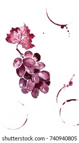 Grapes In Burgundy Shades. Wine Map. Watercolor.