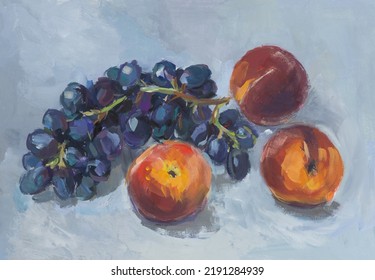 Grapes Peaches Gouache Painting. Still Life On A Gray Background. Ripe Delicious Fruit Illustration On Paper. The Concept Of Summer, Harvest. Vegetarian Food. Quick Sketch With Gouache Paints