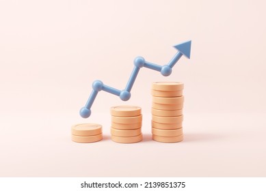 Graph Up Arrow On Coin Stacks. Financial Success And Growth Concept. 3d Render.