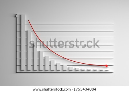 Graph chart with exponential decay bars and arrows on white background. 3d illustration.