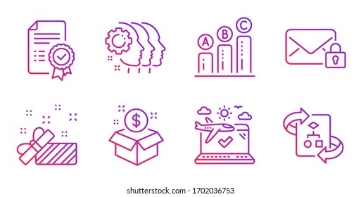 Graph chart, Present and Employees teamwork line icons set. Certificate, Secure mail and Airplane travel signs. Post package, Technical algorithm symbols. Growth report, Gift.