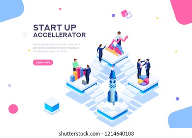 Graph To Discuss, Consulting Company Launch New Startup. Product Insurance Or Tech Dashboard Space. Infographic With Characters And Text Flat Isometric Concept. Illustration