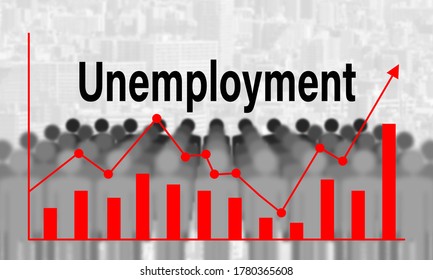 Graph Indicates An Increase In Unemployment. Arrow On Chart Tends Up. Concept - Queue For Jobs. Silhouettes Of People On Background Of City. Crisis In Labor Market. Unemployment Growth. Dismissal