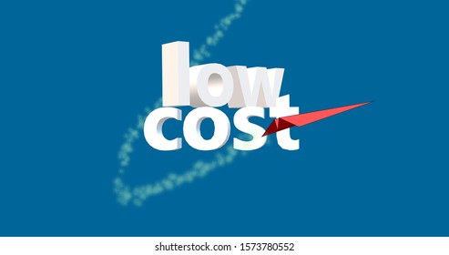 Graph of red paper plane flying over the Low Cost text. A sympathetic 3D illustration of low cost carrier or low cost airline, abbreviated as LCC. Contrails in the Sky. Blue background.