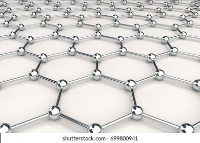 Graphene atomic structure on white background. Hexagonal molecular grid. Concept of carbon structure. Crystal lattice. 3D rendering illustration.