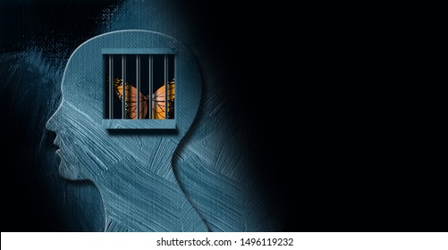 Graphic abstract design of concept of being emotionally or mentally challenged. Strong, dramatic image of iconic butterfly trapped behind prison bars. 